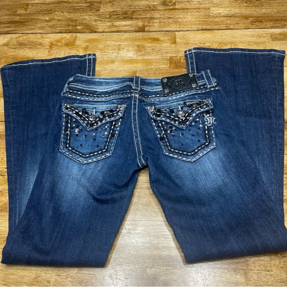 Miss Me Blue Flare Jeans with Rhinestone Embellishments